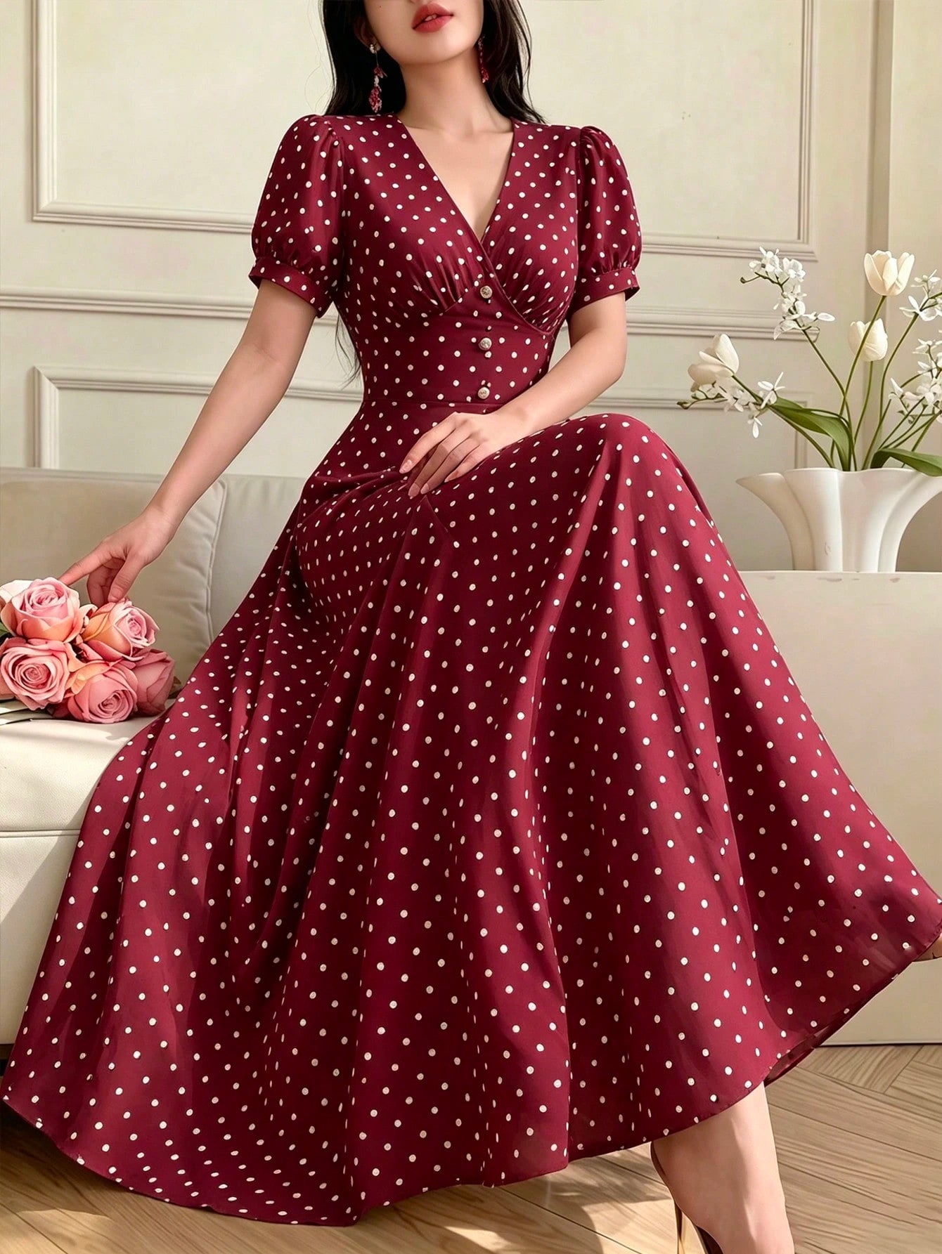Celisse Women's Fashion Versatile Polka Dot Print Criss-Cross Pleated Button Dress