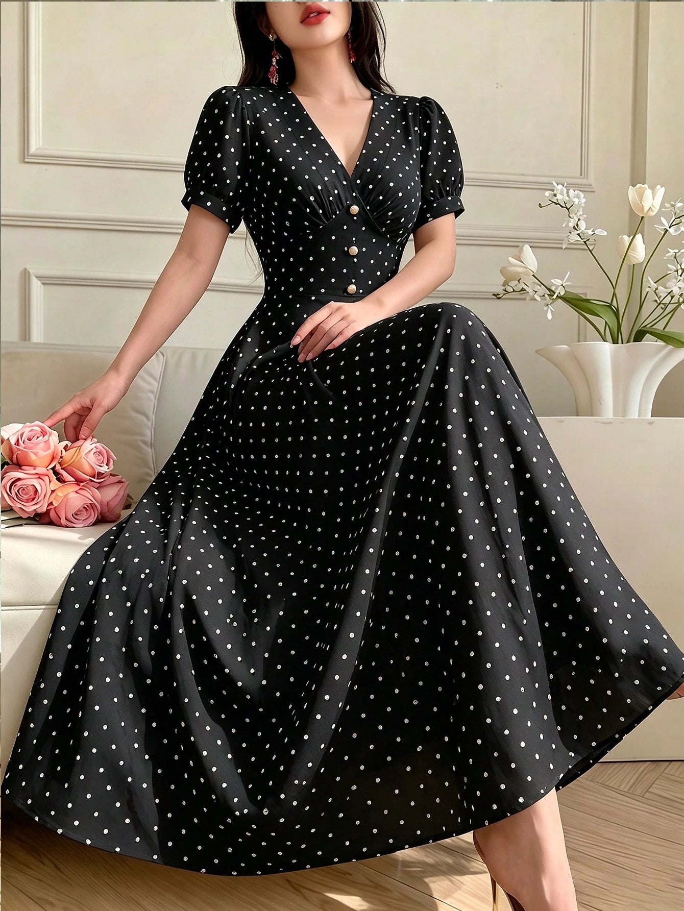Celisse Women's Fashion Versatile Polka Dot Print Criss-Cross Pleated Button Dress