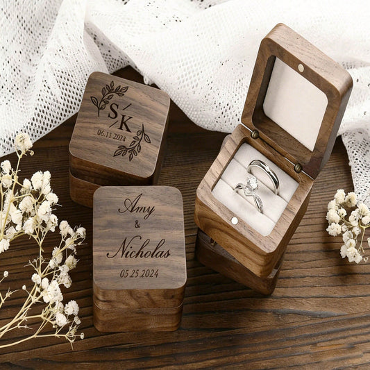 CFUNIQ 1pc Customized Square Walnut Wood Couple Ring Box, Personalized Carved Wooden Ring Box, Engraved Engagement/Wedding Ring Box, Anniversary Gift, Valentine's Day Gift, Birthday Gift, 5th Wood Ann