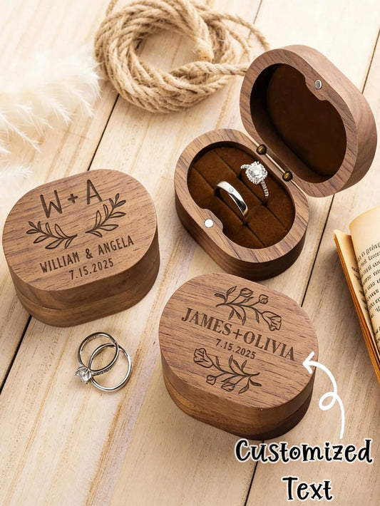 CFUNIQ 1pc Wood Oval 2-Slot Custom Ring Box, Square Walnut Ring Box, Round Ring Box For Wedding Rings, Laser Engraved For Proposal, Engagement, Personalized Gift