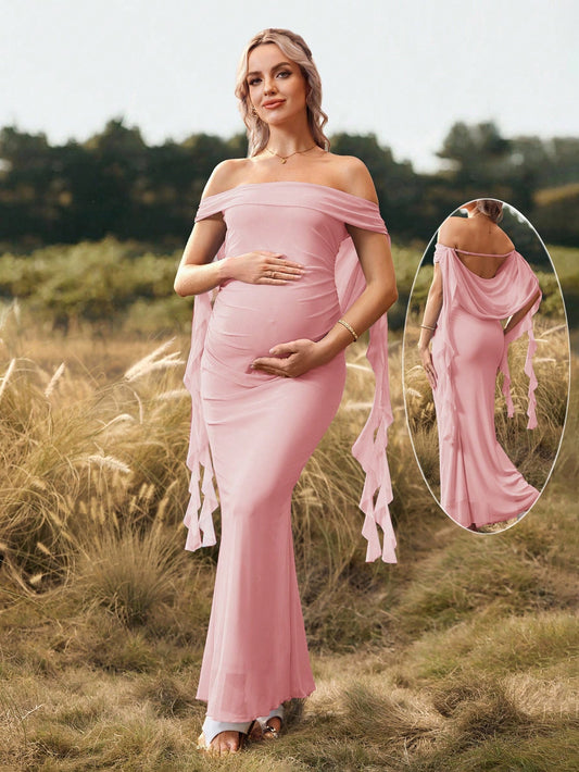 Cheriluna Maternity Solid Color Off Shoulder Backless Maxi Maternity Dress For Baby Shower, Christmas Party, Elegant Party