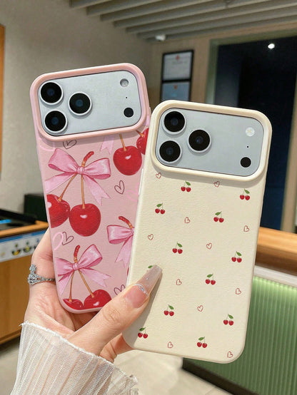 Cherry Painted Leather Texture Printed Anti-Drop Fashion Cute Phone Case For Ip 17/Ip 17pro/Ip 17promax/Iphone16/Iphone16pro/Iphone16promax/IPhone16pluss Anti-Drop New IPhone14IPhnoe15 Anti-Drop P14 T