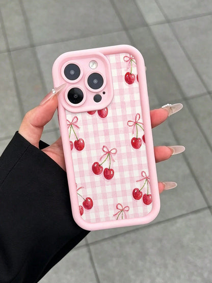Cherry Painted Premium Grooved Skin-Feel Thick Anti-Drop Protective Phone Case Compatible With Ip 17 Ip 17pro Ip 17promax Ip 16 Ip 16pro Ip 16promax IPhone15 IPhone14XR/7/8 Painted Compatible With Ip