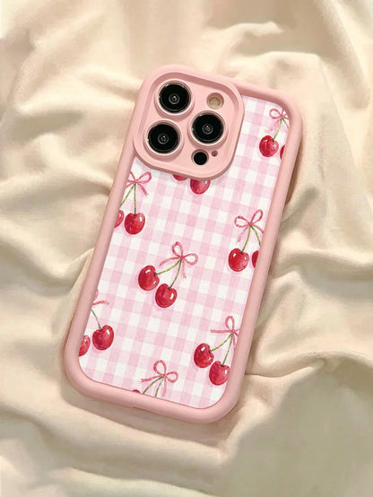 Cherry Painted Premium Grooved Skin-Feel Thick Anti-Drop Protective Phone Case Compatible With Ip 17 Ip 17pro Ip 17promax Ip 16 Ip 16pro Ip 16promax IPhone15 IPhone14XR/7/8 Painted Compatible With Ip