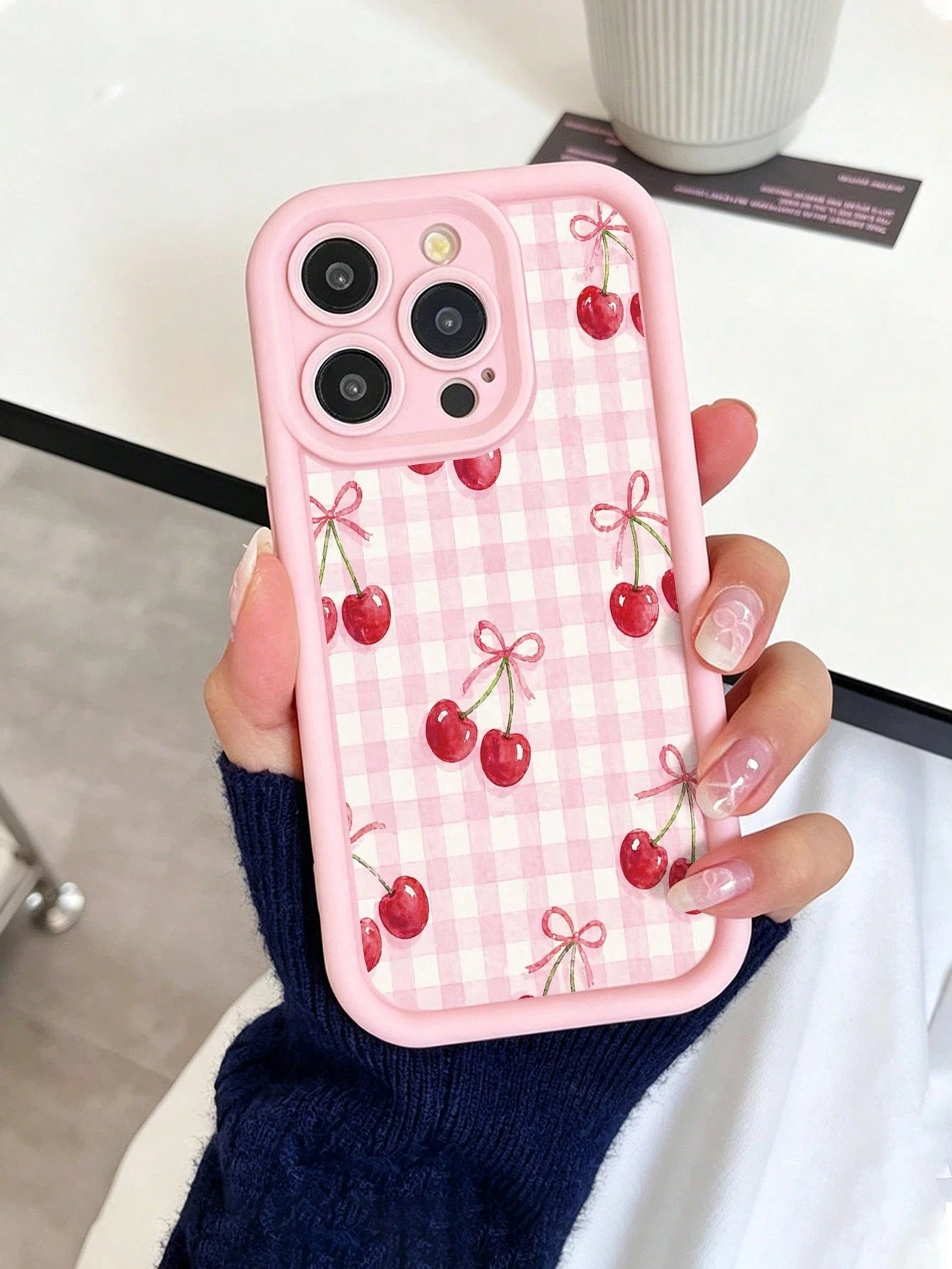 Cherry Painted Premium Grooved Skin-Feel Thick Anti-Drop Protective Phone Case Compatible With Ip 17 Ip 17pro Ip 17promax Ip 16 Ip 16pro Ip 16promax IPhone15 IPhone14XR/7/8 Painted Compatible With Ip