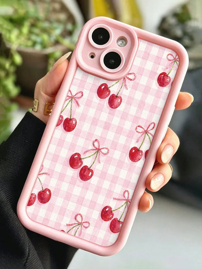 Cherry Painted Premium Grooved Skin-Feel Thick Anti-Drop Protective Phone Case Compatible With Ip 17 Ip 17pro Ip 17promax Ip 16 Ip 16pro Ip 16promax IPhone15 IPhone14XR/7/8 Painted Compatible With Ip