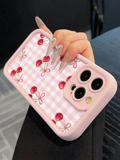 Cherry Painted Premium Grooved Skin-Feel Thick Anti-Drop Protective Phone Case Compatible With Ip 17 Ip 17pro Ip 17promax Ip 16 Ip 16pro Ip 16promax IPhone15 IPhone14XR/7/8 Painted Compatible With Ip