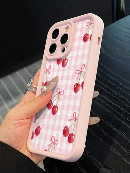 Cherry Painted Premium Grooved Skin-Feel Thick Anti-Drop Protective Phone Case Compatible With Ip 17 Ip 17pro Ip 17promax Ip 16 Ip 16pro Ip 16promax IPhone15 IPhone14XR/7/8 Painted Compatible With Ip