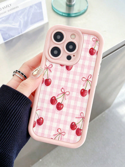 Cherry Painted Premium Grooved Skin-Feel Thick Anti-Drop Protective Phone Case Compatible With Ip 17 Ip 17pro Ip 17promax Ip 16 Ip 16pro Ip 16promax IPhone15 IPhone14XR/7/8 Painted Compatible With Ip