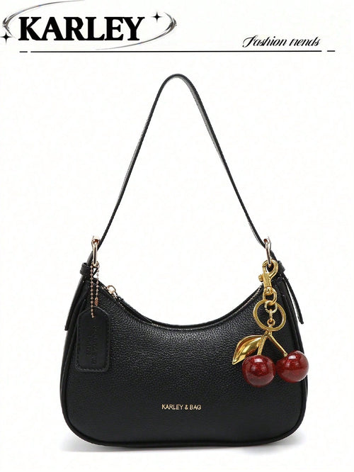 [Cherry Pendant] Black Square Bag, Fashionable Crescent Bag, Y2K Underarm Bag, New Shoulder Crossbody Bag, Versatile Women Handbag