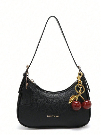 [Cherry Pendant] Black Square Bag, Fashionable Crescent Bag, Y2K Underarm Bag, New Shoulder Crossbody Bag, Versatile Women Handbag