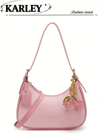 [Cherry Pendant] Black Square Bag, Fashionable Crescent Bag, Y2K Underarm Bag, New Shoulder Crossbody Bag, Versatile Women Handbag