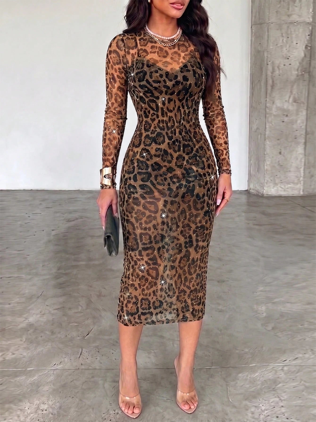 ChicMe Women's Fashion Leopard Print Mesh Midi Dress Set, Rhinestone Embellished Sheer Long Sleeve Bodycon Dress With Camisole Slip Elegant Vacation Summer