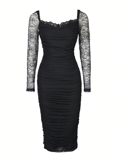 ChicMe Women's Lace Trim Square Neck Long Sleeve Slit Fitted Midi Cocktail Party Dress With Zipper Back Pleats Elegant Black