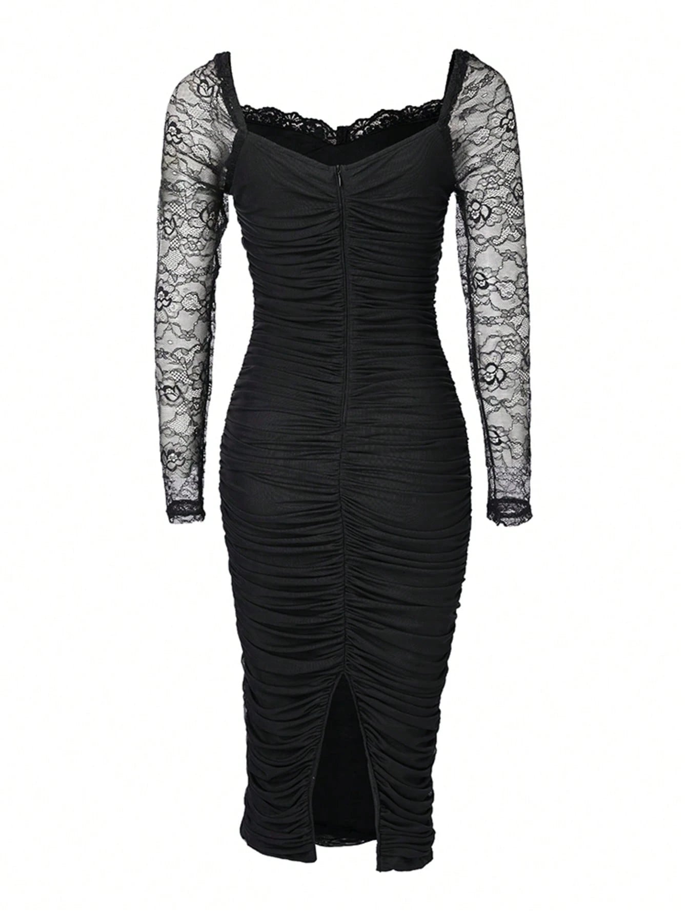 ChicMe Women's Lace Trim Square Neck Long Sleeve Slit Fitted Midi Cocktail Party Dress With Zipper Back Pleats Elegant Black