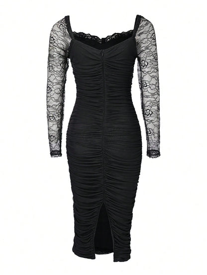 ChicMe Women's Lace Trim Square Neck Long Sleeve Slit Fitted Midi Cocktail Party Dress With Zipper Back Pleats Elegant Black