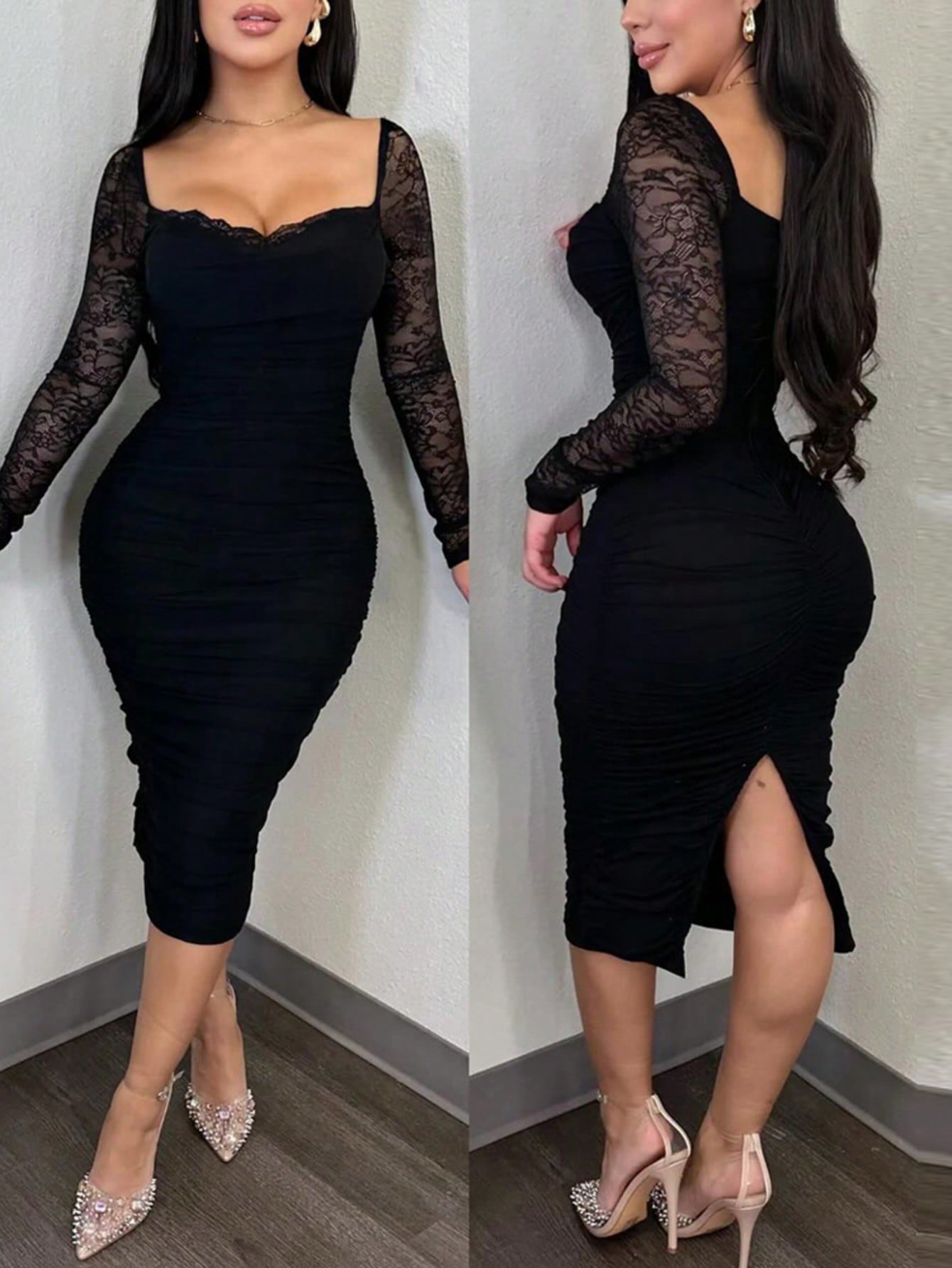 ChicMe Women's Lace Trim Square Neck Long Sleeve Slit Fitted Midi Cocktail Party Dress With Zipper Back Pleats Elegant Black