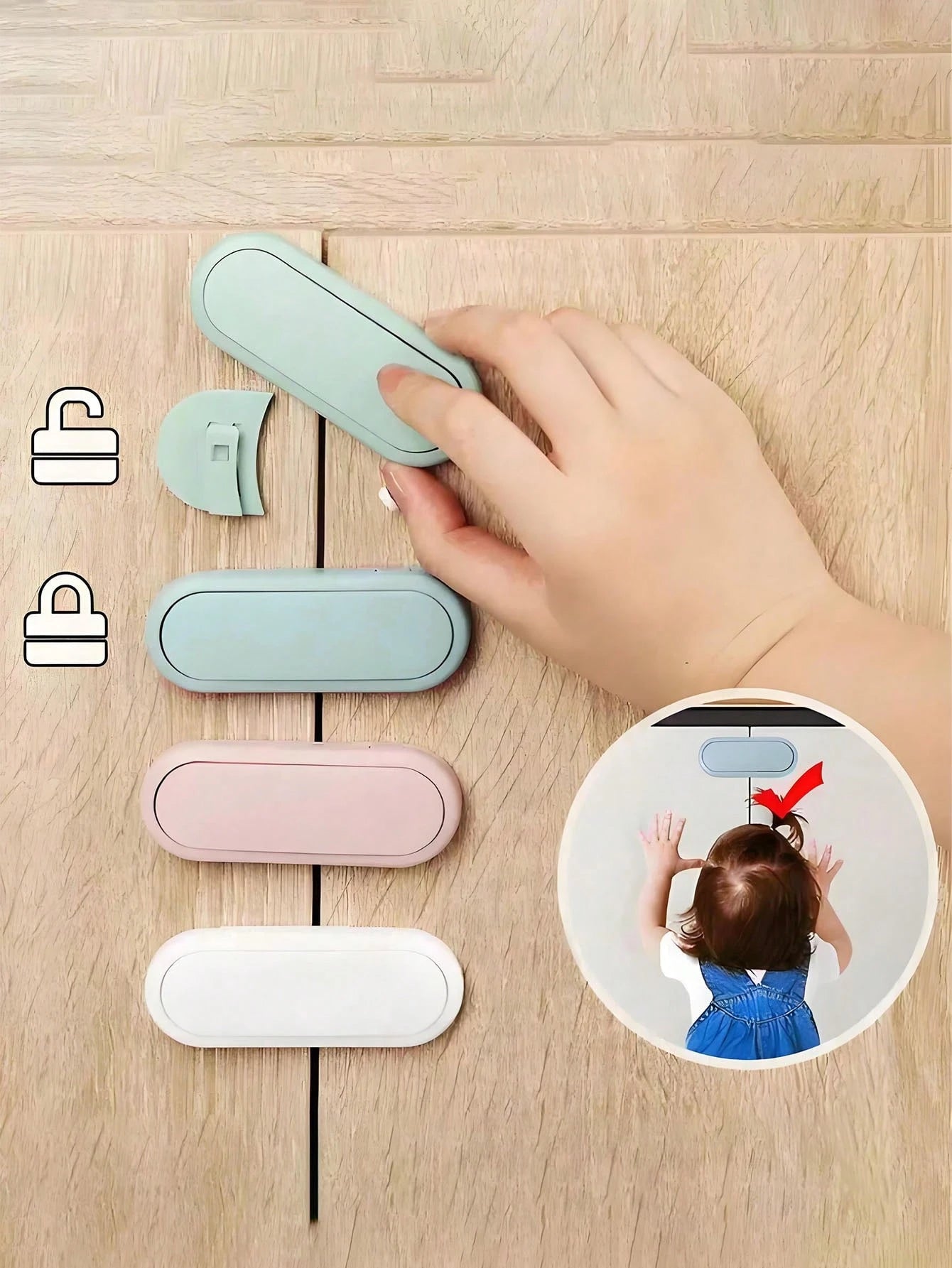Child Cabinet Lock, No-Drill Fridge & Cabinet Door Lock With Finger Pinch Protection, Strong Adhesive Lock For Cabinets, Drawers And Refrigerator