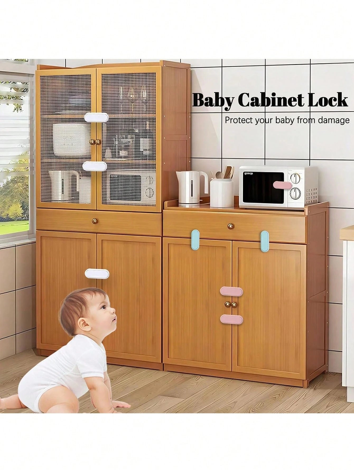 Child Cabinet Lock, No-Drill Fridge & Cabinet Door Lock With Finger Pinch Protection, Strong Adhesive Lock For Cabinets, Drawers And Refrigerator