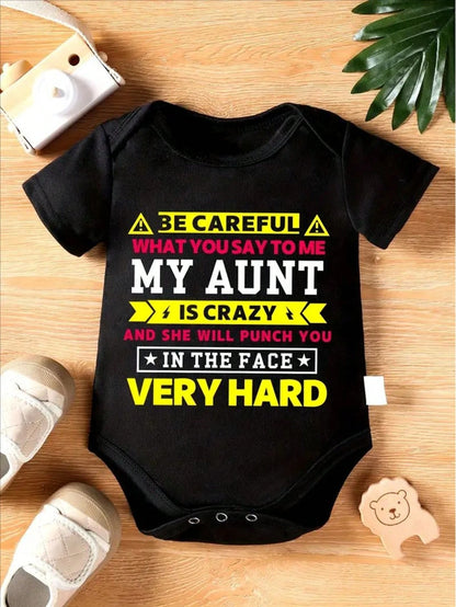 Children's Triangle Body Suit Be Careful What You Say To Me My Aunt Letter Print Newborn Cute Short Sleeve Crawling Suit Diaper Cover, Perfect For Outdoor Bodysuit