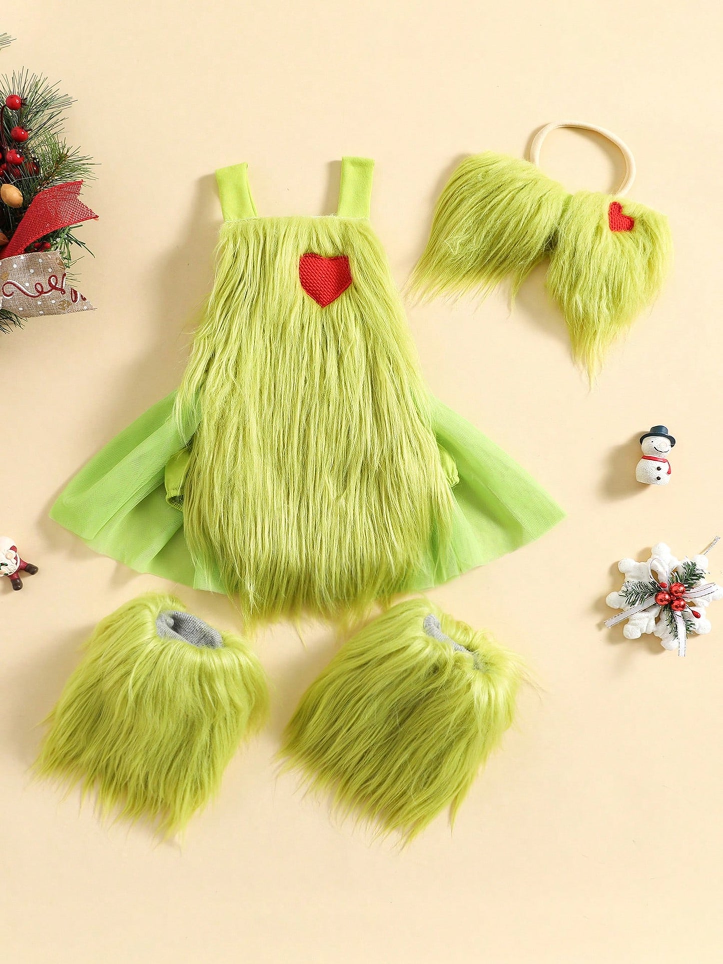 Christmas Baby Costumes Baby Girl Outfit Furry Sleeveless Romper Headband Leg Warmer Green Monster Cosplay Costume