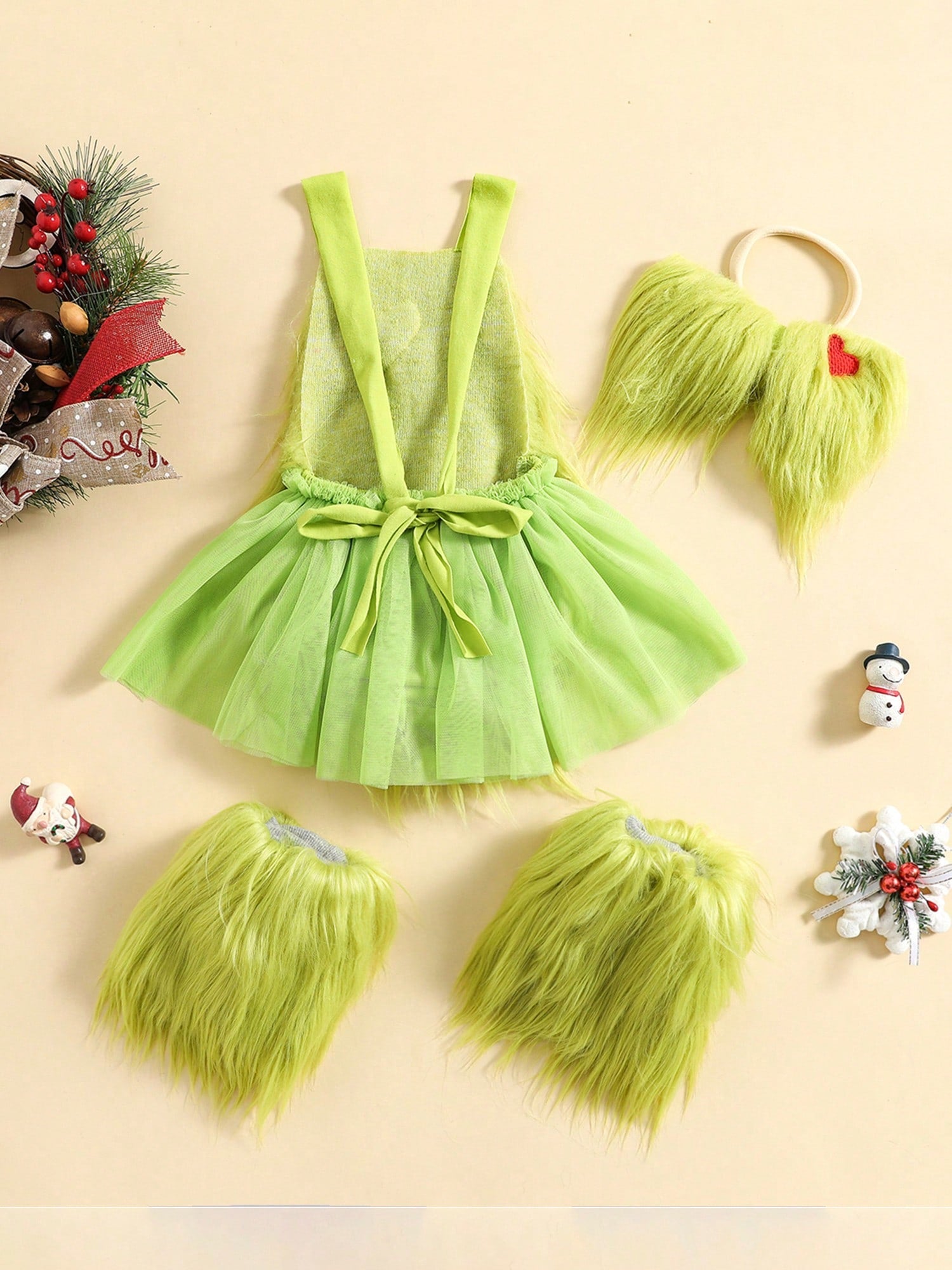 Christmas Baby Costumes Baby Girl Outfit Furry Sleeveless Romper Headband Leg Warmer Green Monster Cosplay Costume