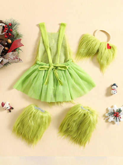 Christmas Baby Costumes Baby Girl Outfit Furry Sleeveless Romper Headband Leg Warmer Green Monster Cosplay Costume