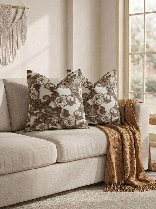 Cirelle 1pc/2pcs Brown Floral Throw Pillow Cover, Textured Jacquard Cushion Case, Coffee & Cream Vintage Decorative Pillow Shell For Couch Sofa Bedroom Living Room Home Decor (No Insert)