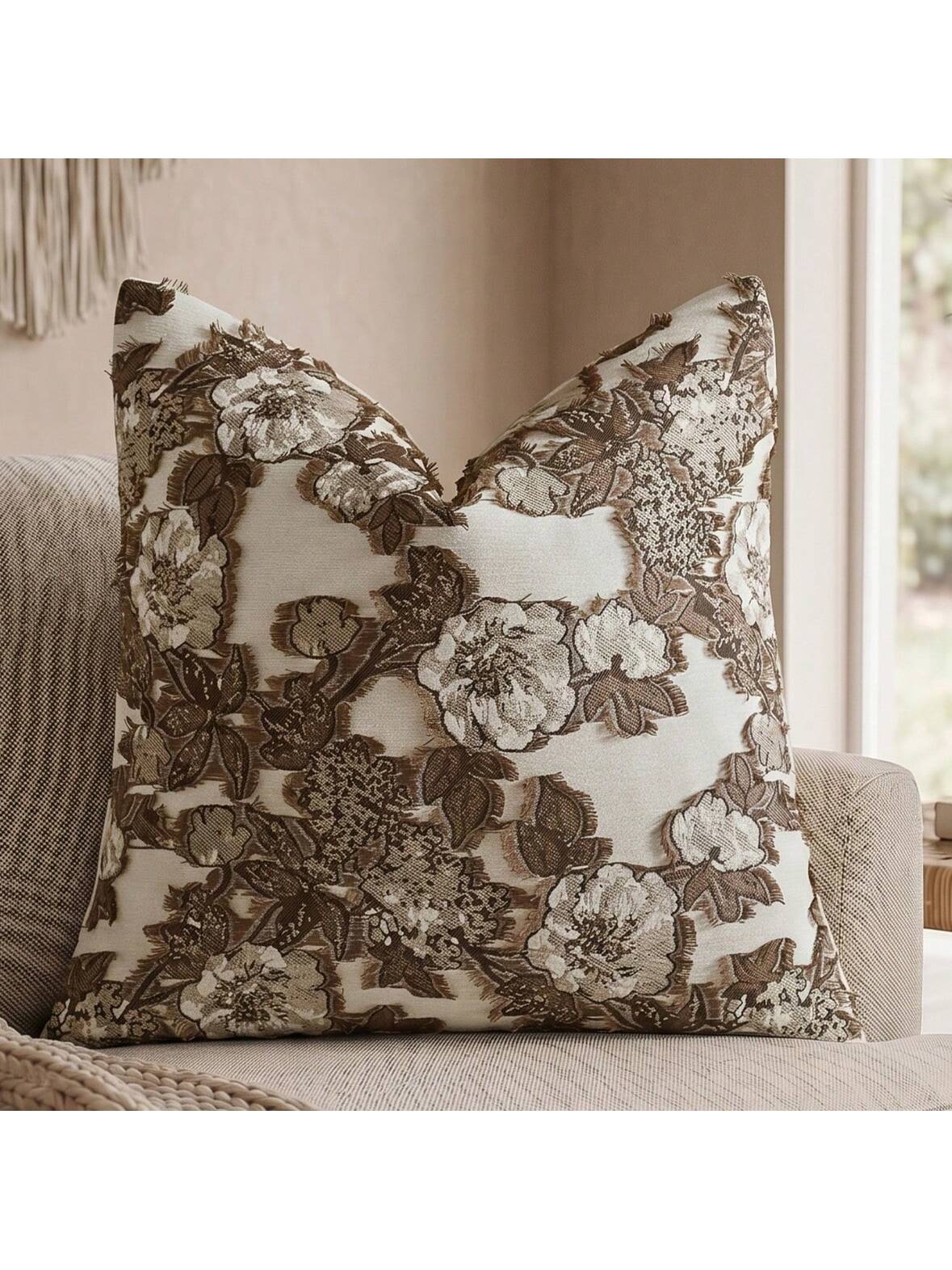 Cirelle 1pc/2pcs Brown Floral Throw Pillow Cover, Textured Jacquard Cushion Case, Coffee & Cream Vintage Decorative Pillow Shell For Couch Sofa Bedroom Living Room Home Decor (No Insert)