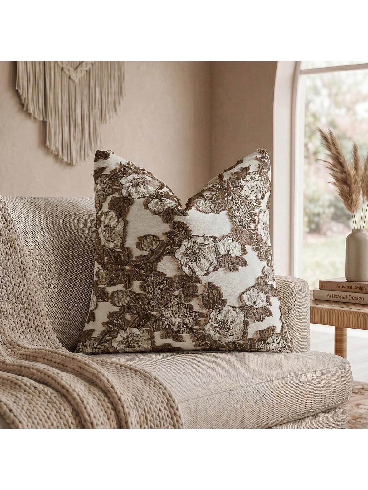 Cirelle 1pc/2pcs Brown Floral Throw Pillow Cover, Textured Jacquard Cushion Case, Coffee & Cream Vintage Decorative Pillow Shell For Couch Sofa Bedroom Living Room Home Decor (No Insert)