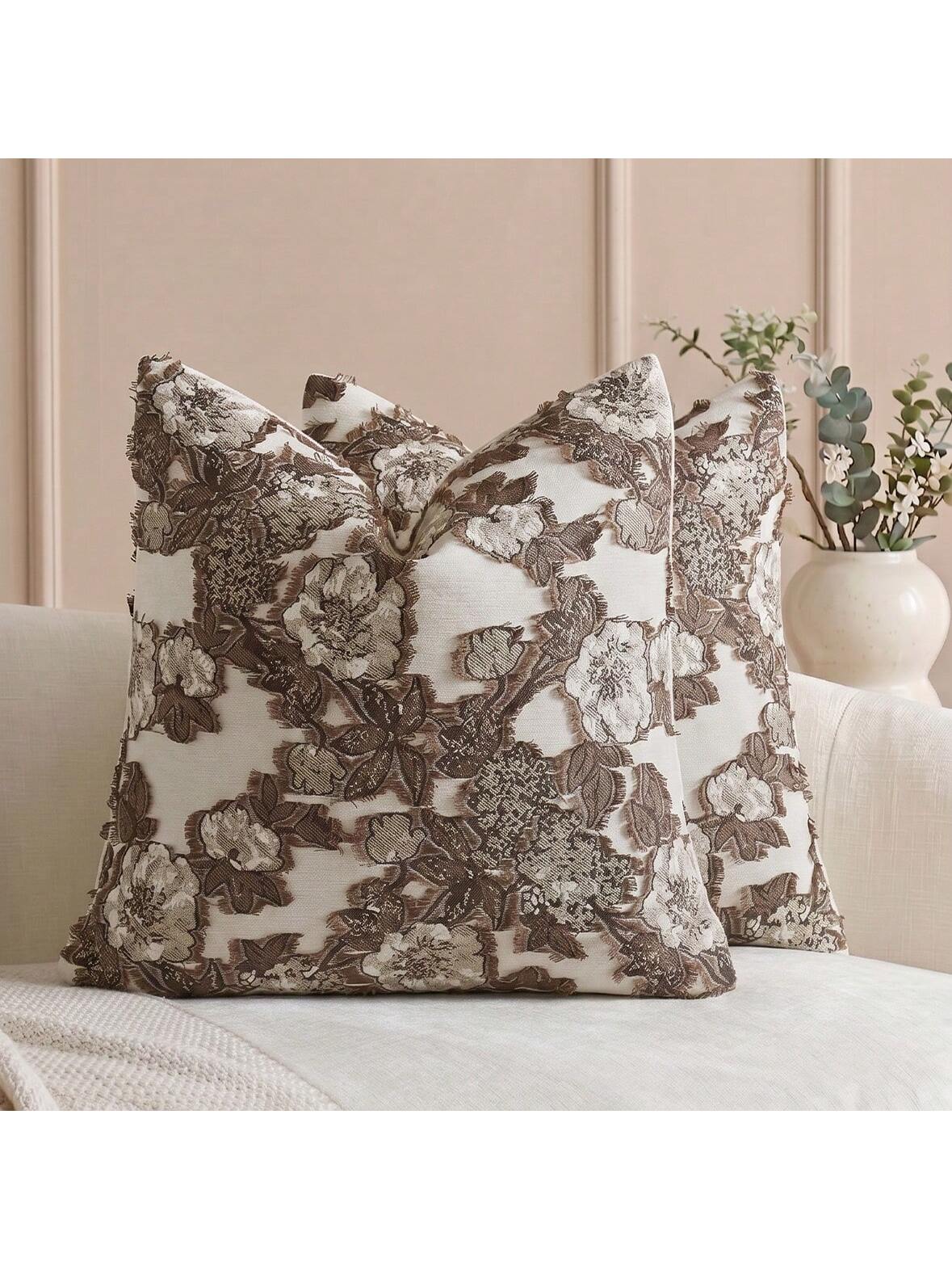 Cirelle 1pc/2pcs Brown Floral Throw Pillow Cover, Textured Jacquard Cushion Case, Coffee & Cream Vintage Decorative Pillow Shell For Couch Sofa Bedroom Living Room Home Decor (No Insert)