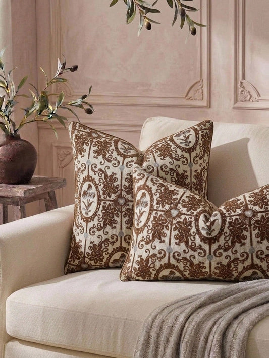 Cirelle 1pc/2pcs Vintage Decorative Throw Pillow Covers, Classical Antique Dark Coffee Damask Floral Medallion Cushion Case, Woven Jacquard Pillowcase For Sofa Couch (No Insert)