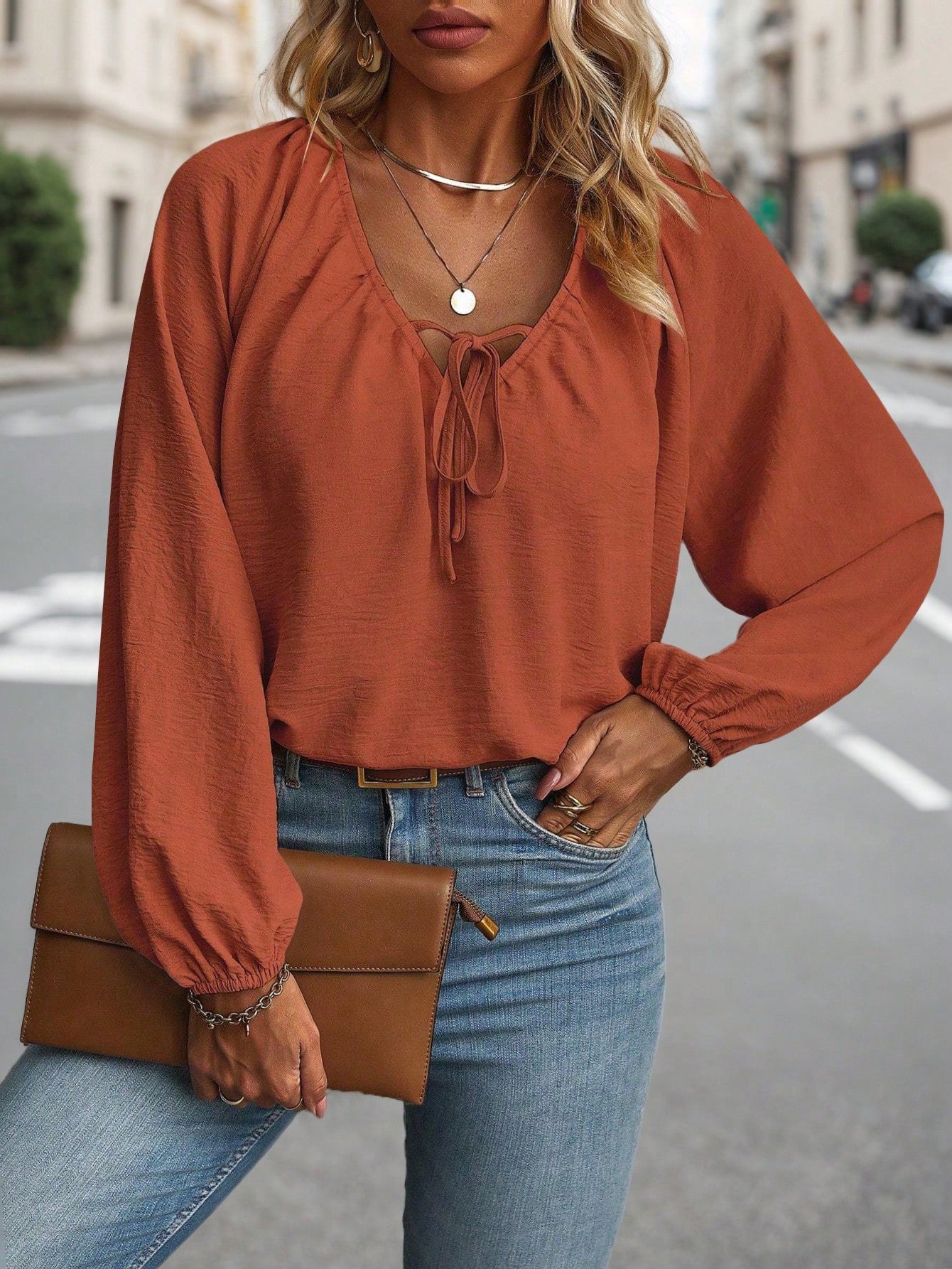 Clasi Plus Size Women's Front-Tied Lantern Sleeve Blouse Fall Cloth For Women