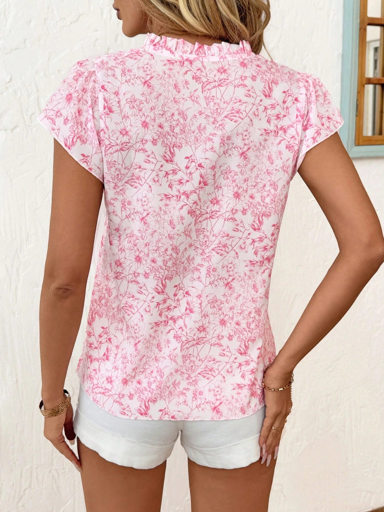 Clasi Women's Elegant Flower Allover Print Cutout Collar Blouse, Summer White And Pink Shirt Summer Vacation Outfits Women Going Out Vacation Outfits
