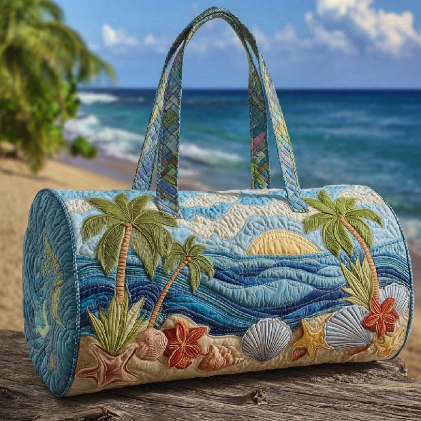 Coastal Quilted Duffle Bag, Barrel Handbag With Palm Anchor Shell Print For Beach Gym Travel