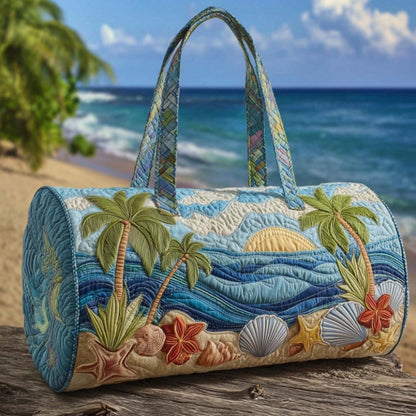 Coastal Quilted Duffle Bag, Barrel Handbag With Palm Anchor Shell Print For Beach Gym Travel