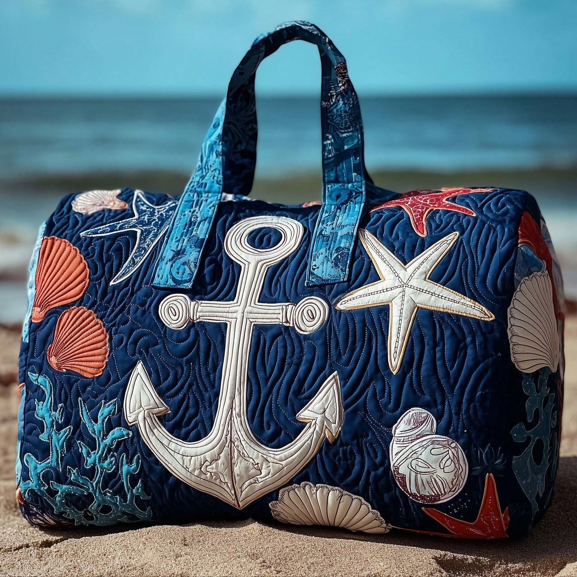 Coastal Quilted Duffle Bag, Barrel Handbag With Palm Anchor Shell Print For Beach Gym Travel