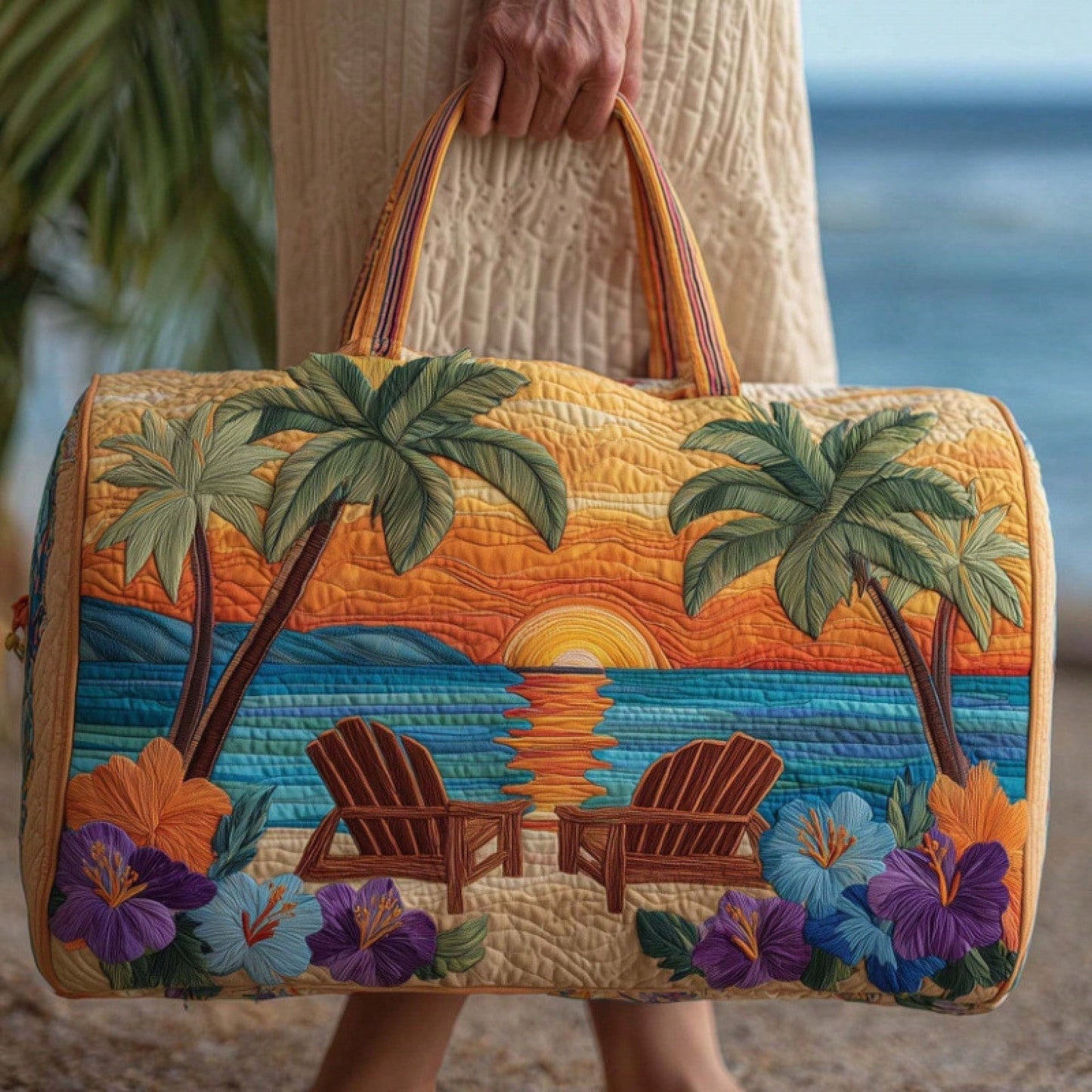Coastal Quilted Duffle Bag, Barrel Handbag With Palm Anchor Shell Print For Beach Gym Travel
