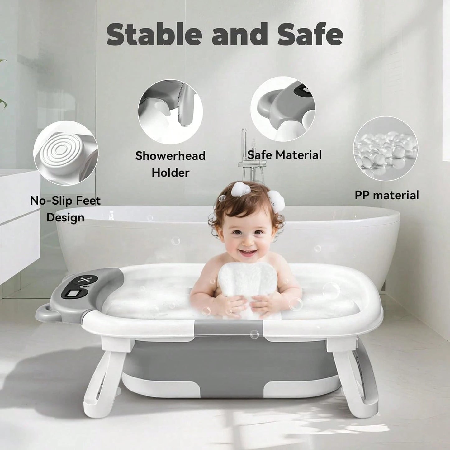 Collapsible Baby Bathtub With Soft Bath Net, Portable Infant Travel Tub, Non-Slip Dinosaur Design