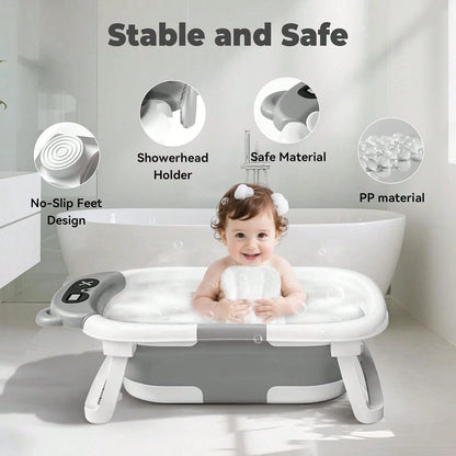 Collapsible Baby Bathtub With Soft Bath Net, Portable Infant Travel Tub, Non-Slip Dinosaur Design