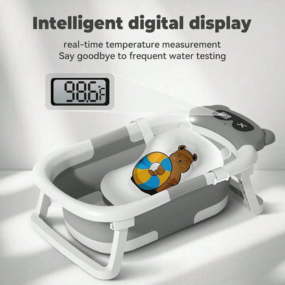 Collapsible Baby Bathtub With Soft Bath Net, Portable Infant Travel Tub, Non-Slip Dinosaur Design