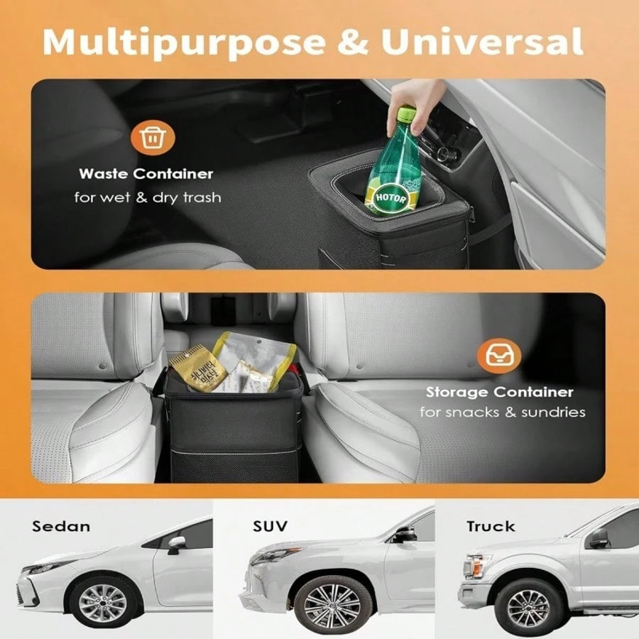 Collapsible Car Trash Can With Lid & Storage Pockets| Durable Polyester Material, Easy To Clean- Multipurpose Garbage Bin For Car, Truck, SUV, Home, Office, Vehicle Interior Organizer, Sleek Desig