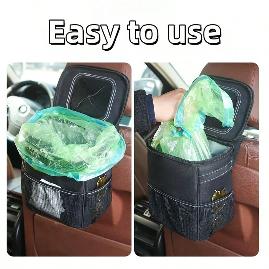 Collapsible Car Trash Can With Lid & Storage Pockets| Durable Polyester Material, Easy To Clean- Multipurpose Garbage Bin For Car, Truck, SUV, Home, Office, Vehicle Interior Organizer, Sleek Desig