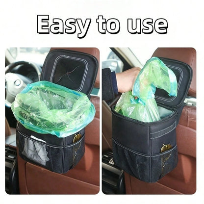 Collapsible Car Trash Can With Lid & Storage Pockets| Durable Polyester Material, Easy To Clean- Multipurpose Garbage Bin For Car, Truck, SUV, Home, Office, Vehicle Interior Organizer, Sleek Desig