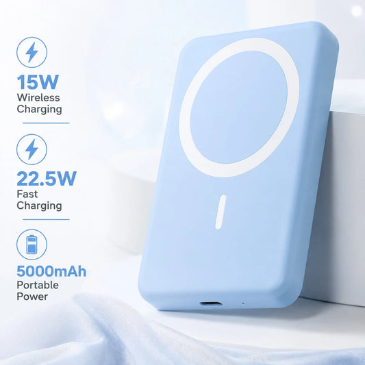 College Essentials 5000mAh Magnetic Wireless Portable Charger 15W Magnetic Charging 22.5W Fast Wired Power Bank Slim Lightweight Phone Charger Dual Device Charging Strong Suction Precise Alignment Com