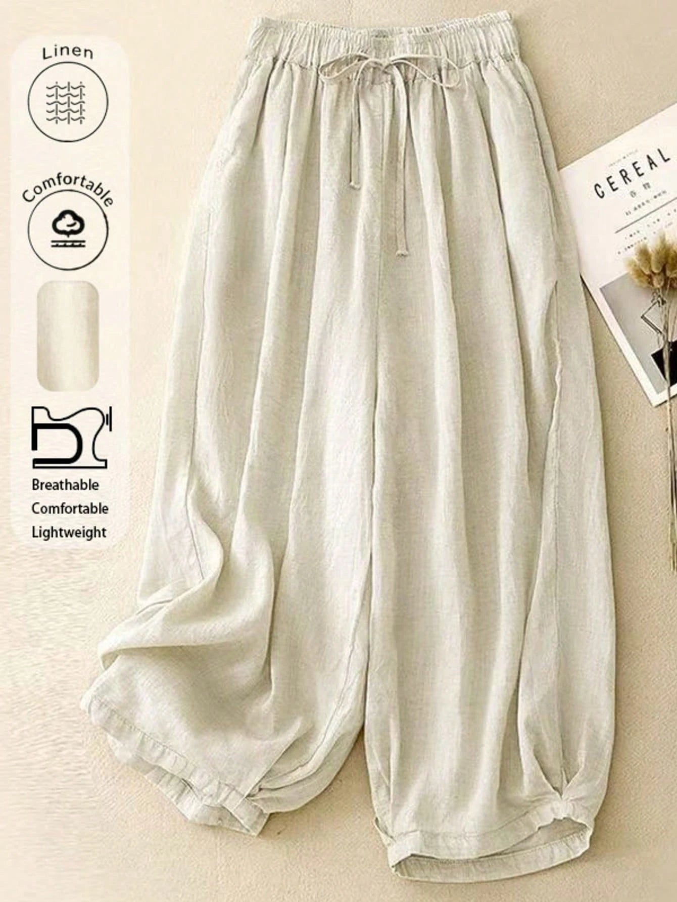 Comfortable Casual High Waist Elastic Linen Drape Pants, Suitable For Autumn & Summer Spring