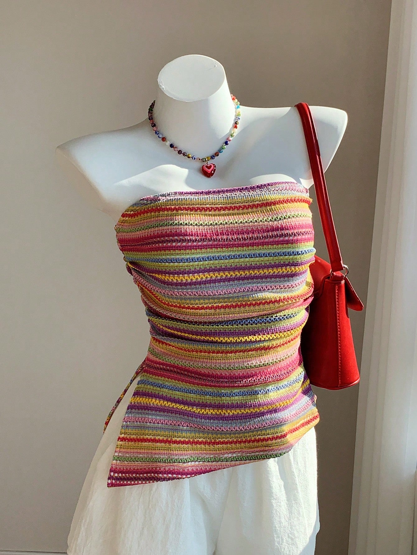 Comfortcana 2025 Spring & Summer Plus Size Women Colorful Striped Bandeau Top, Casual Resort Wear