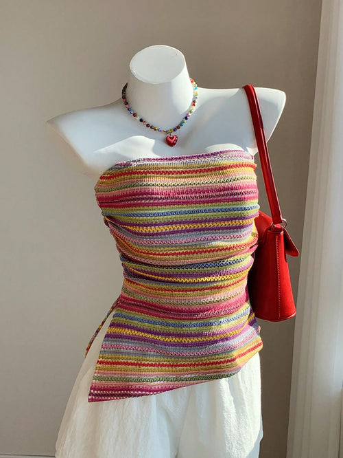 Comfortcana 2025 Spring & Summer Plus Size Women Colorful Striped Bandeau Top, Casual Resort Wear