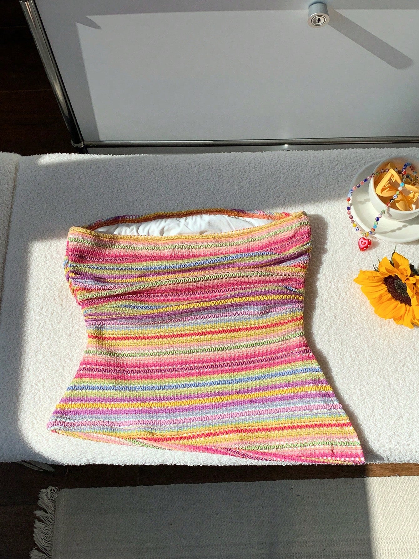 Comfortcana 2025 Spring & Summer Plus Size Women Colorful Striped Bandeau Top, Casual Resort Wear