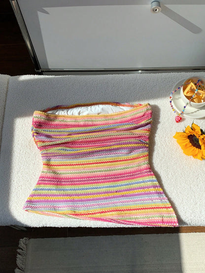 Comfortcana 2025 Spring & Summer Plus Size Women Colorful Striped Bandeau Top, Casual Resort Wear
